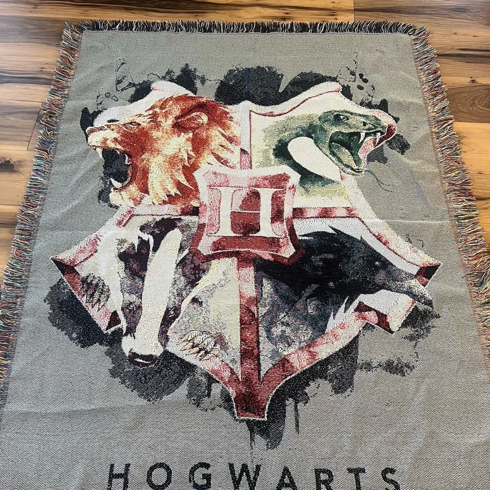 Hogwarts Woven Tapestry Throw Blanket Harry Potter Lion Snake Eagle Fringe
